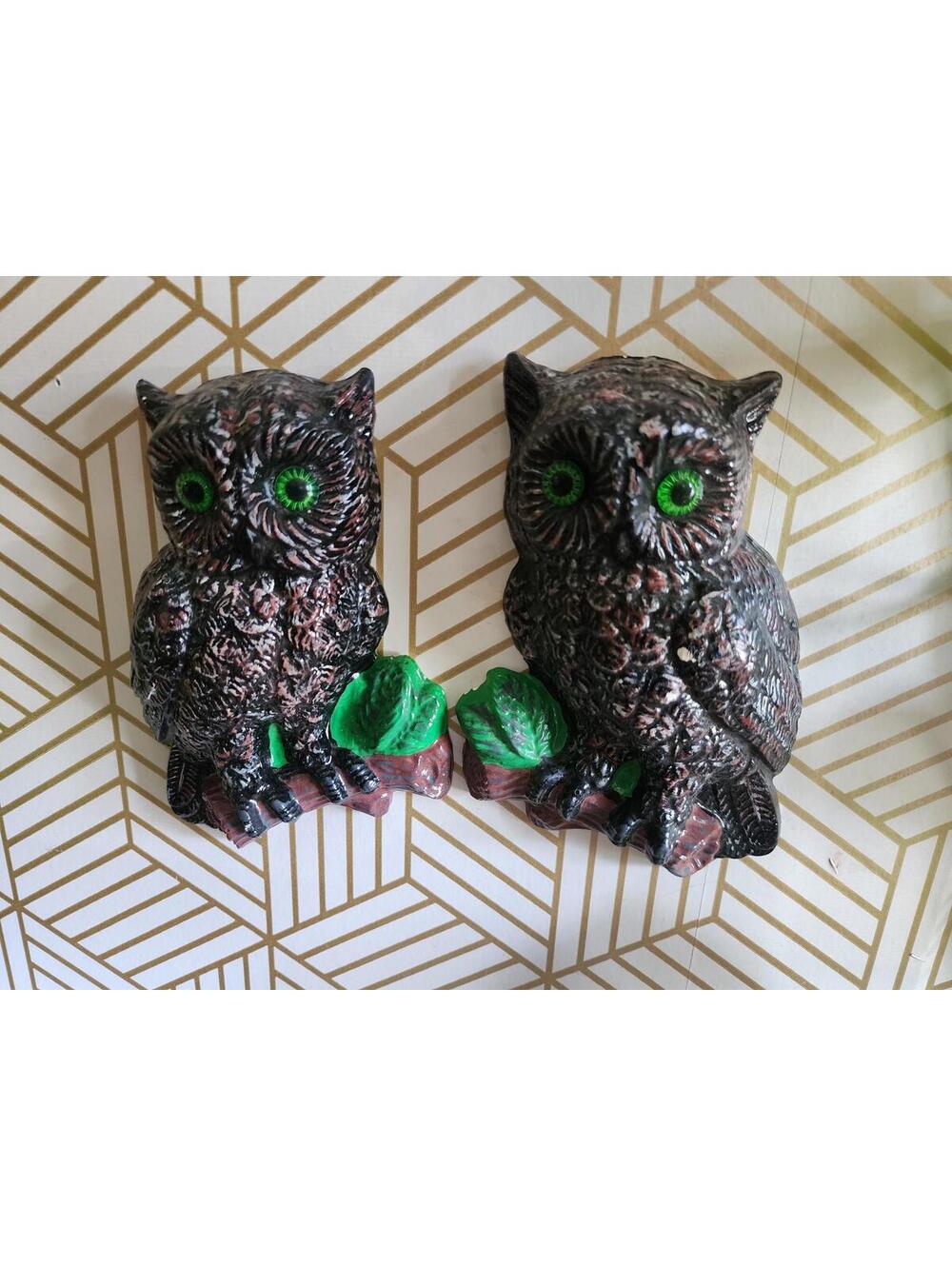 Vintage 1970s Plaster Black Owls with Green Eyes Kitsch Retro Wall Art Hanging